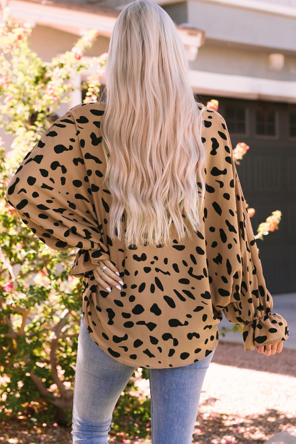 Leopard Flounce Sleeve V-Neck Blouse