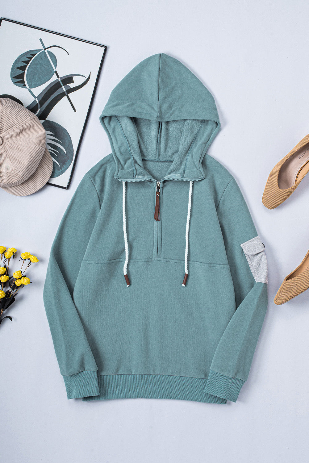 Half Zip Patch Pocket Drawstring Hoodie