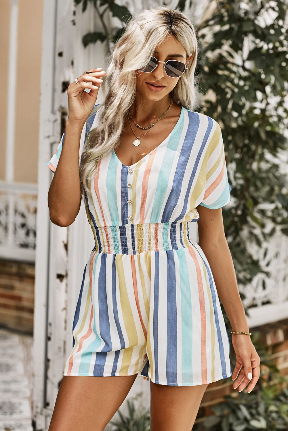 Multicolored Stripe V-Neck Romper