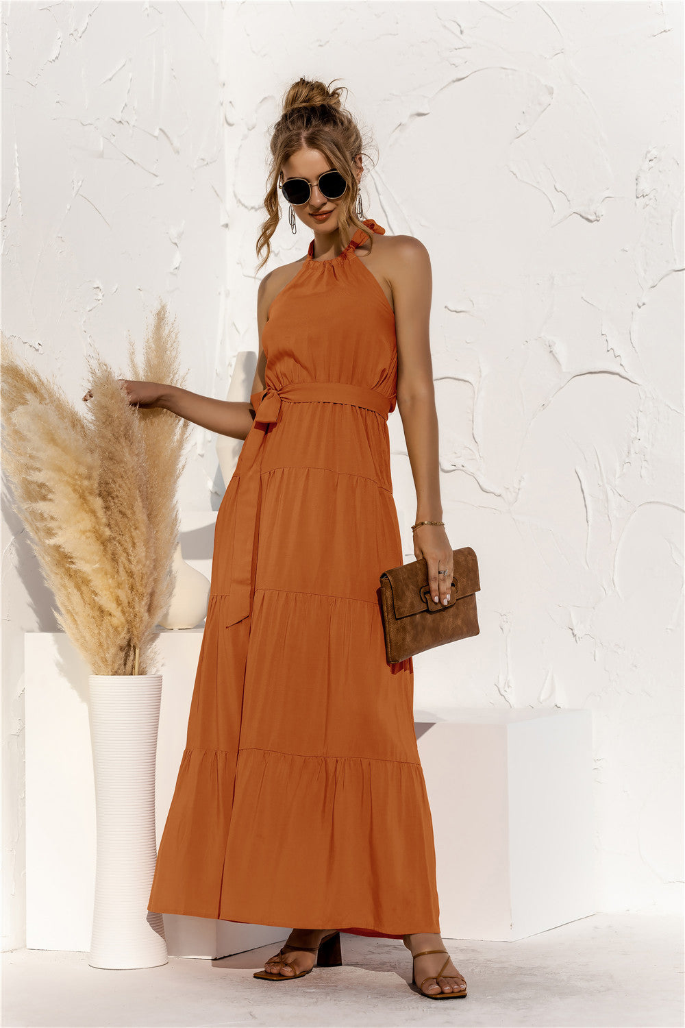 Halter Neck Tie-Waist Tiered Maxi Dress