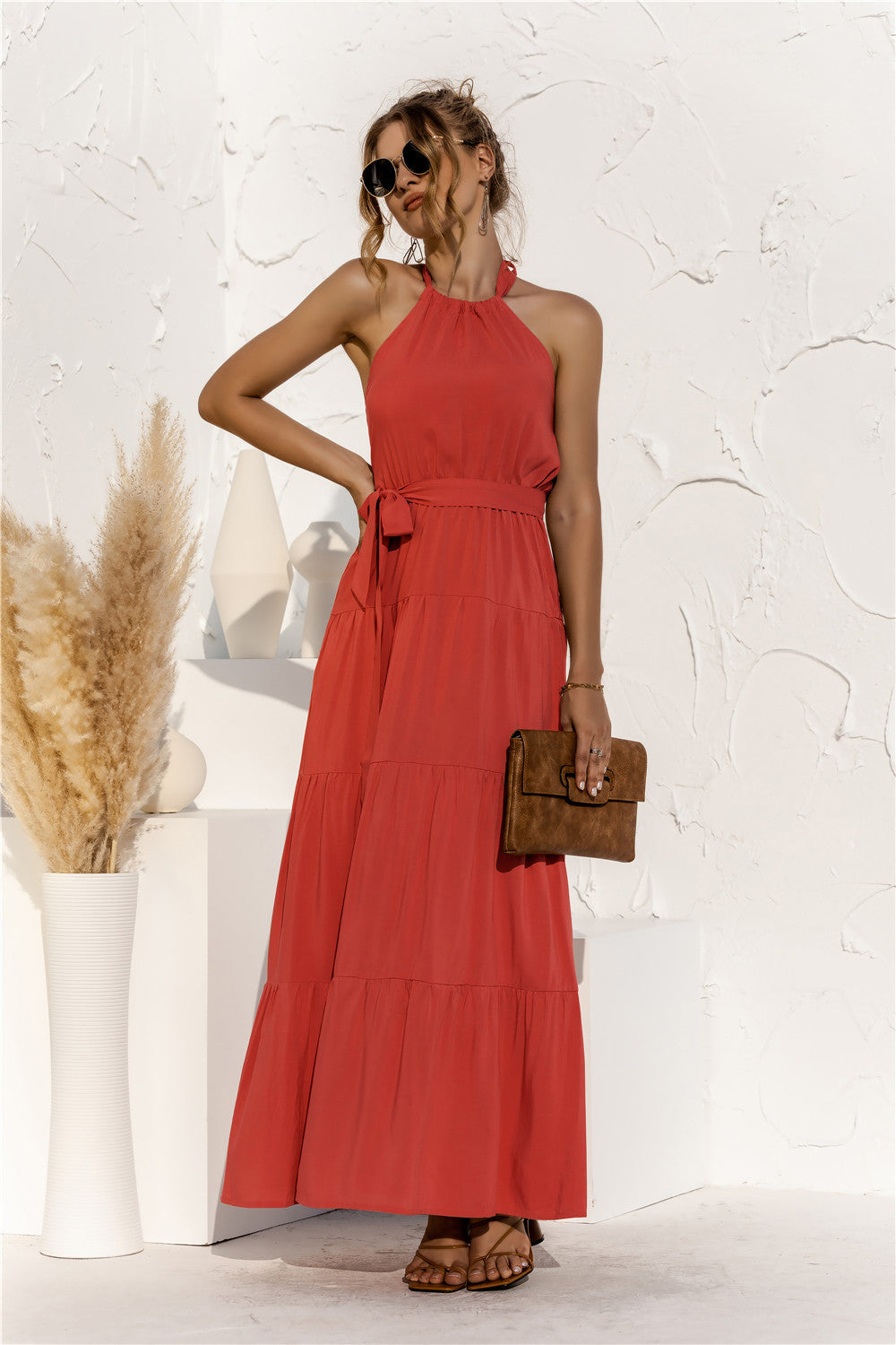 Halter Neck Tie-Waist Tiered Maxi Dress