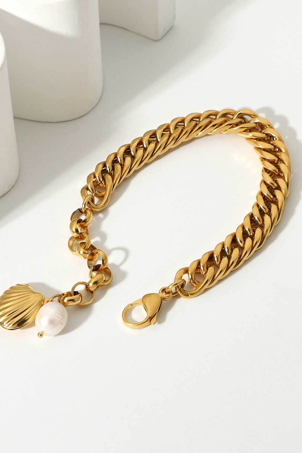 18K Gold-Plated Curb Chain Bracelet - with Pearl