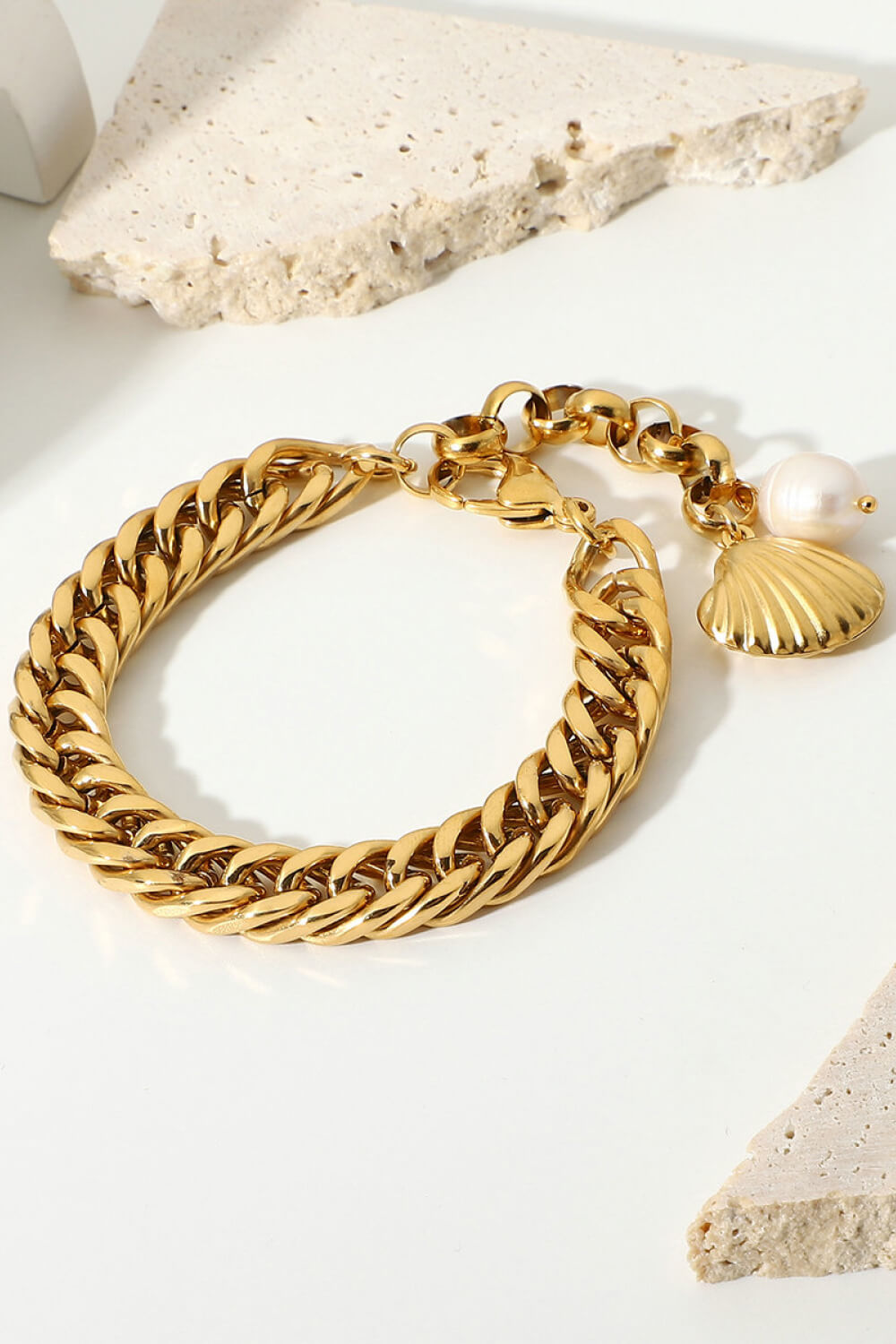 18K Gold-Plated Curb Chain Bracelet - with Pearl