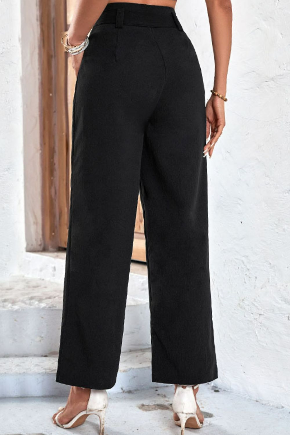 High-Rise Belted Wide Leg Work Pants - Black