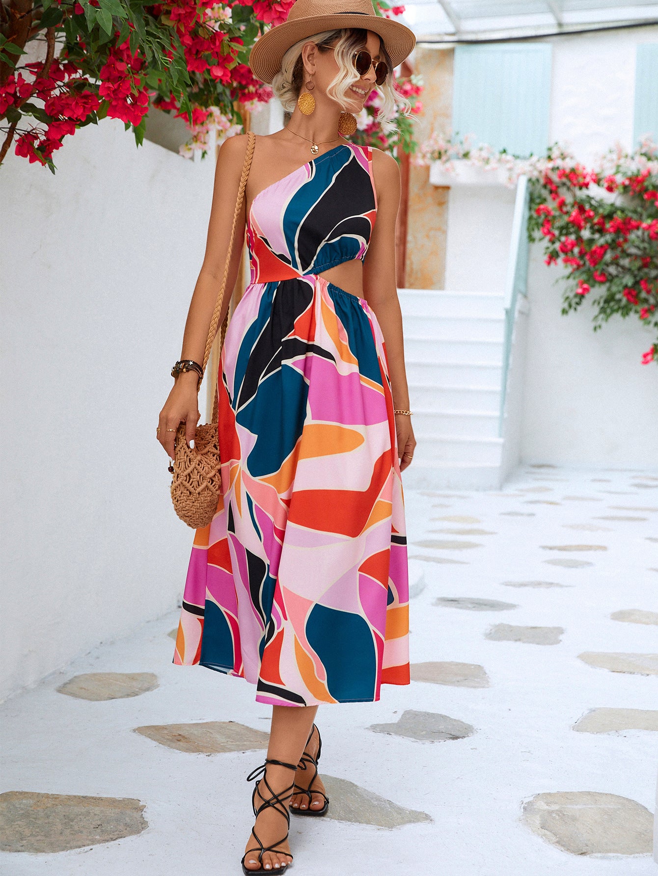Abstract Print One-Shoulder Dress