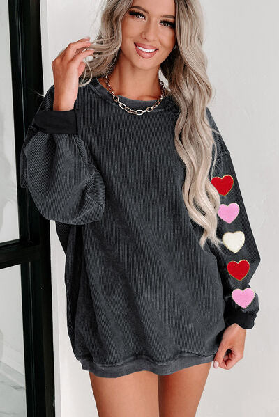 Heart Round Neck Dropped Shoulder Sweatshirt