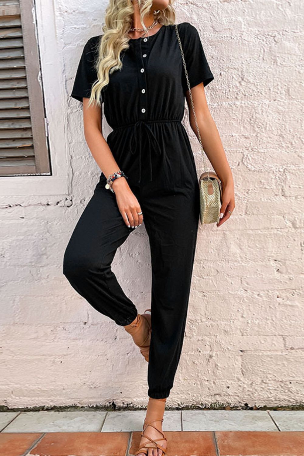 Button Front Short Sleeve Jogger Jumpsuit